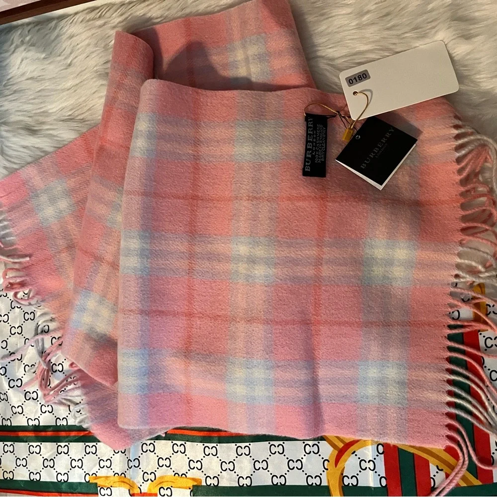 Burberry Pink Plaid cashmere Fringe Scarf - Picture 1 of 3